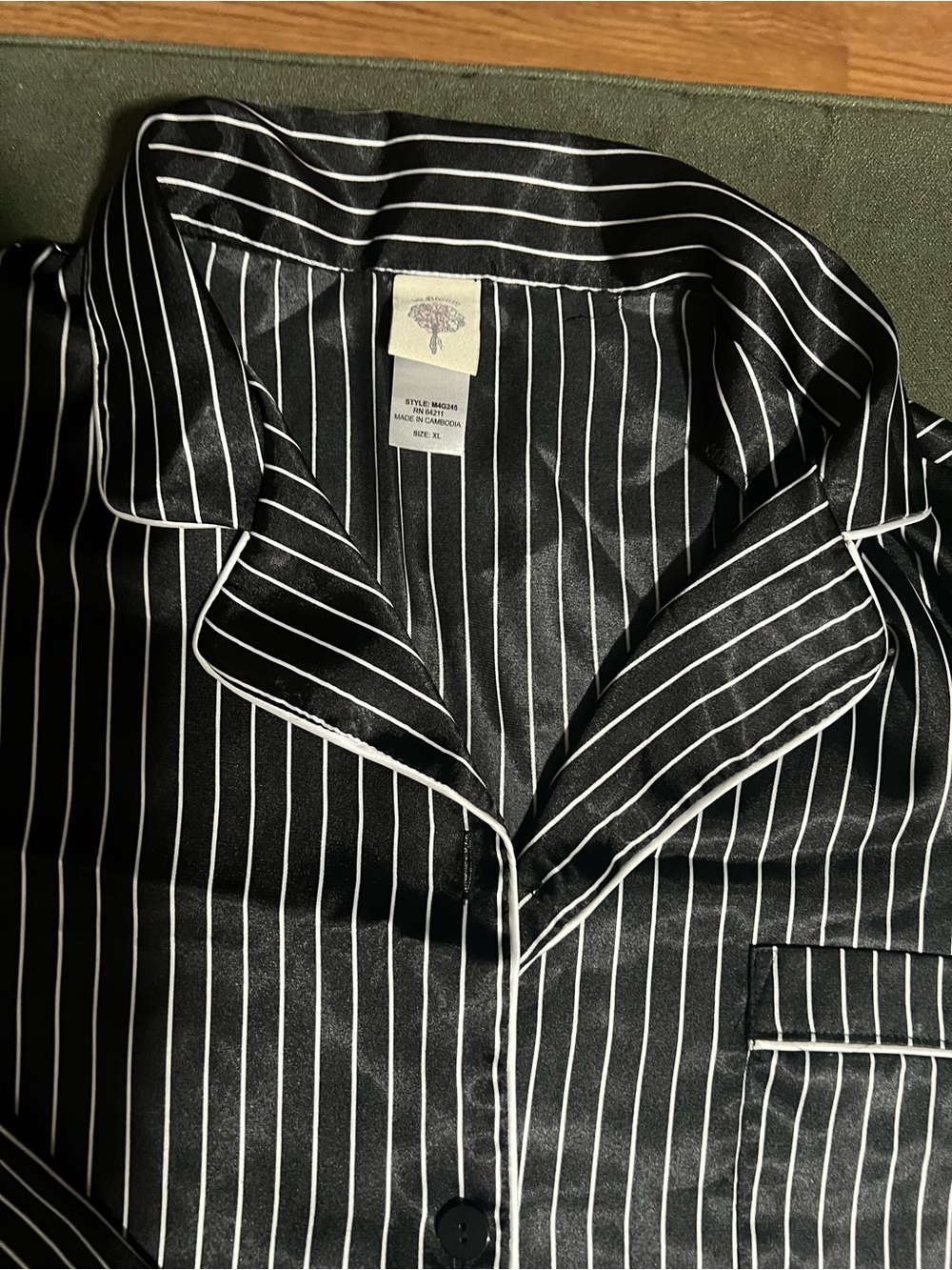 In Bloom Black Satin Pinstripe Pajama Shirt with White Piping